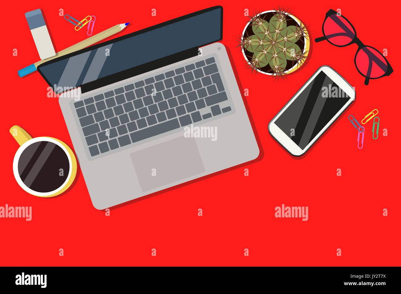 Office desktop con i notebook, caffè e cactus. Illustrazione Vettoriale