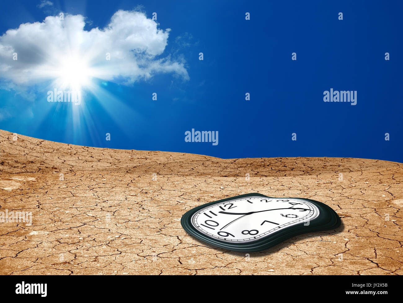 Un'immagine del suolo incrinato e orologio fuso Foto Stock
