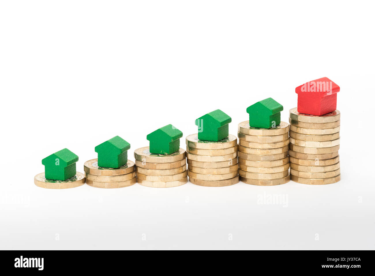 Mercato immobiliare. Sterlina britannica monete isolato su sfondo bianco con rosso e verde giocattolo di legno case. Simboli di mutui, prestiti, debiti e ipoteche Foto Stock