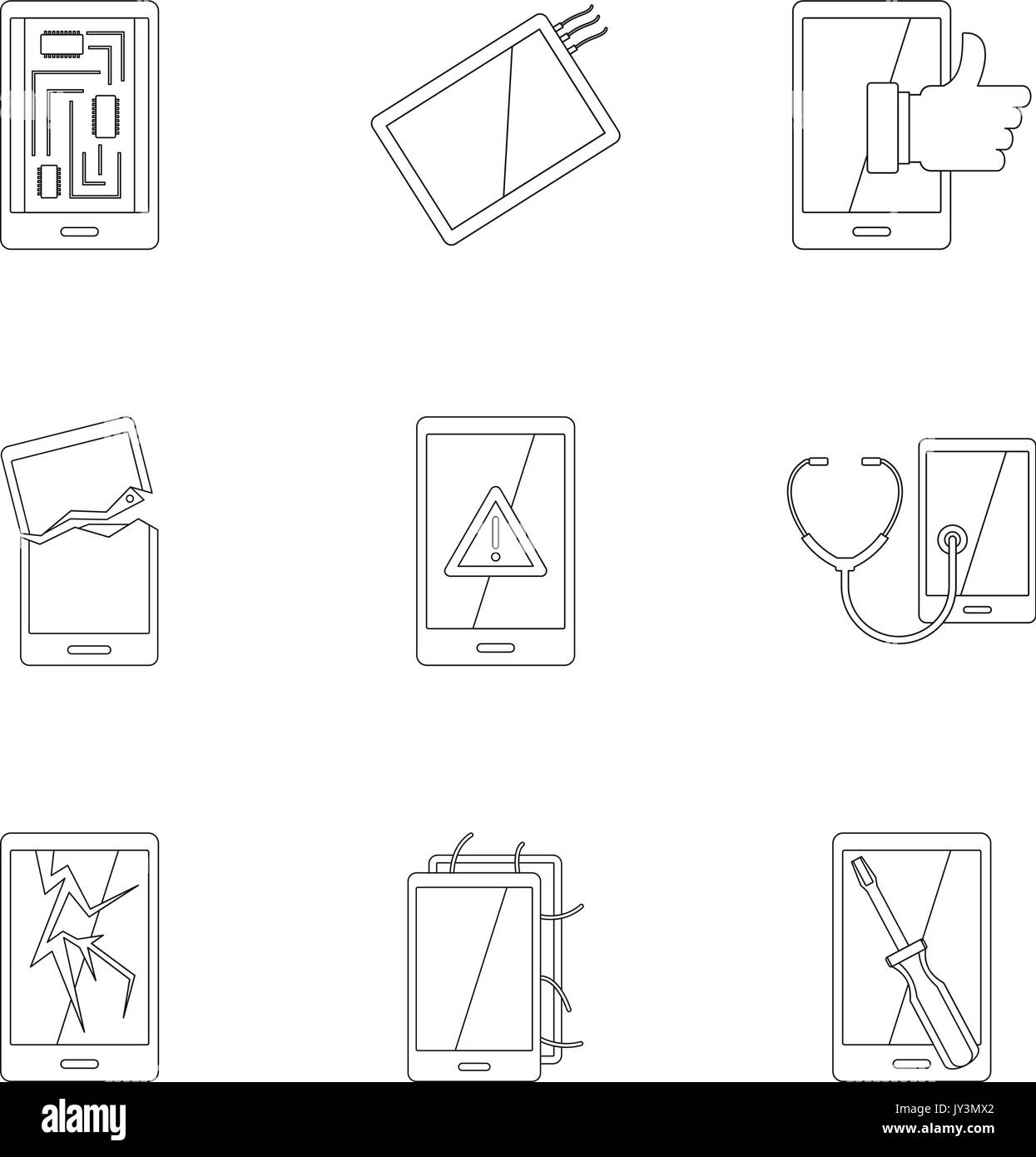 Riparazione del dispositivo di set di icone di stile di contorno Illustrazione Vettoriale