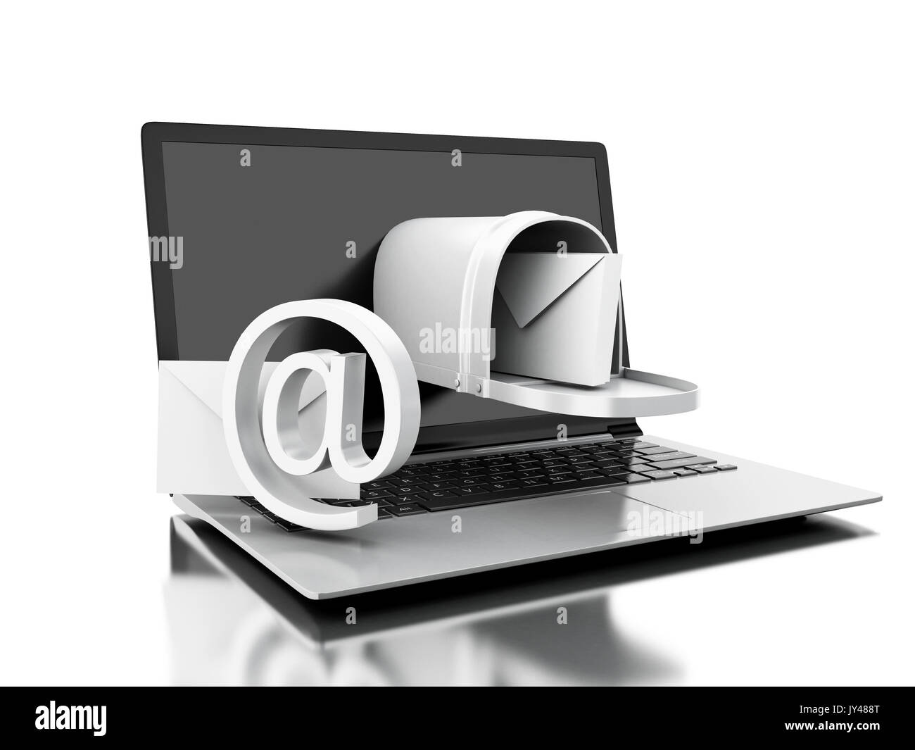 3d'illustrazione. Il recapito dei messaggi di posta dal computer portatile. La posta in arrivo concetto. Isolato sfondo bianco Foto Stock