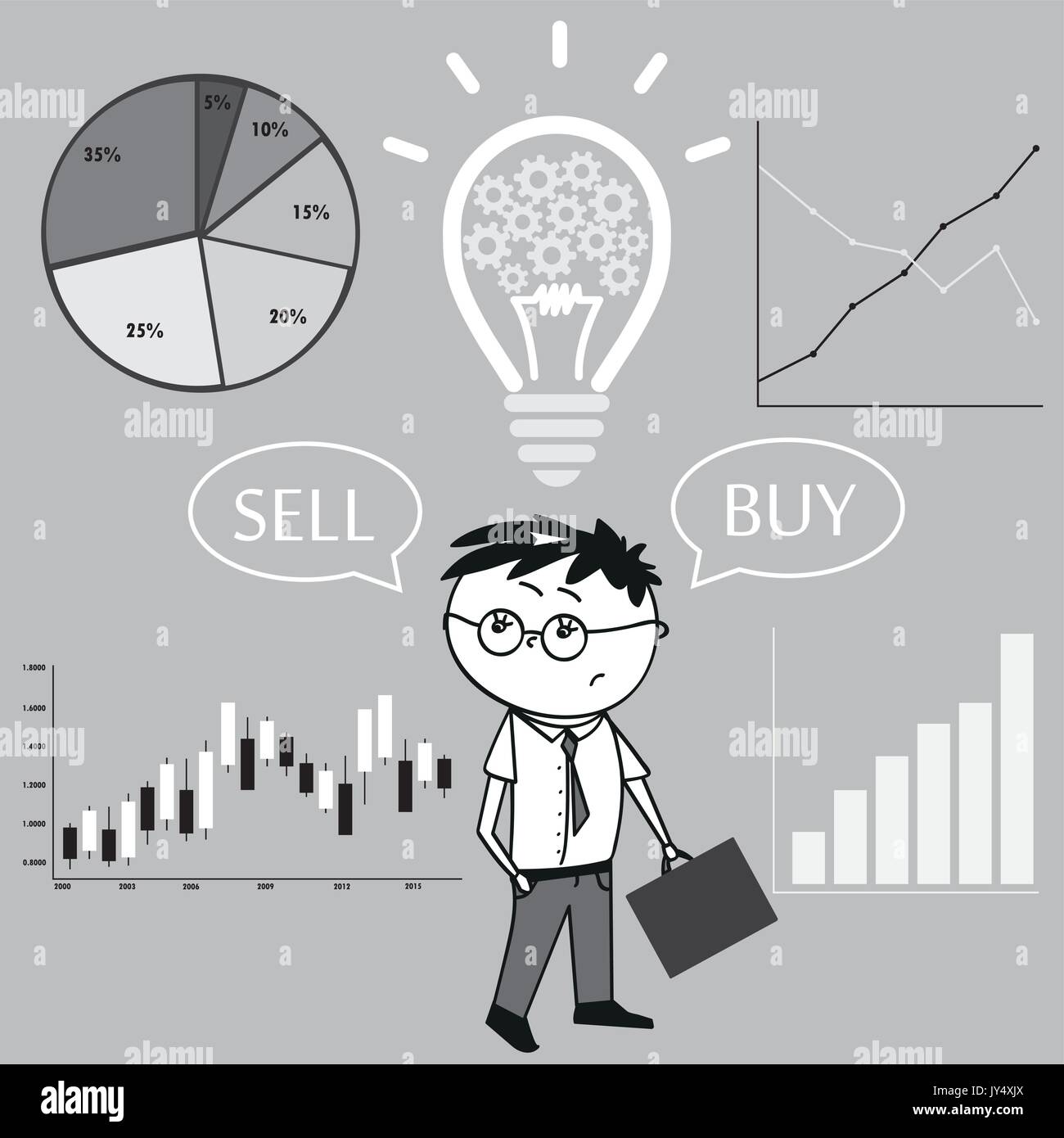 Imprenditore e grafici e diagrammi. L'idea del concetto di acquisto e di vendita. Illustrazione Vettoriale Illustrazione Vettoriale
