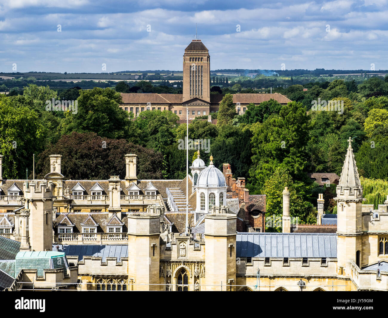 Cambridge Cityscape Skyline, college di edifici e la Biblioteca universitaria Foto Stock