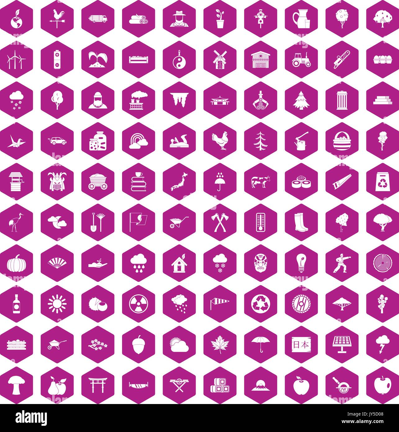 100 albero esagonale icone viola Illustrazione Vettoriale
