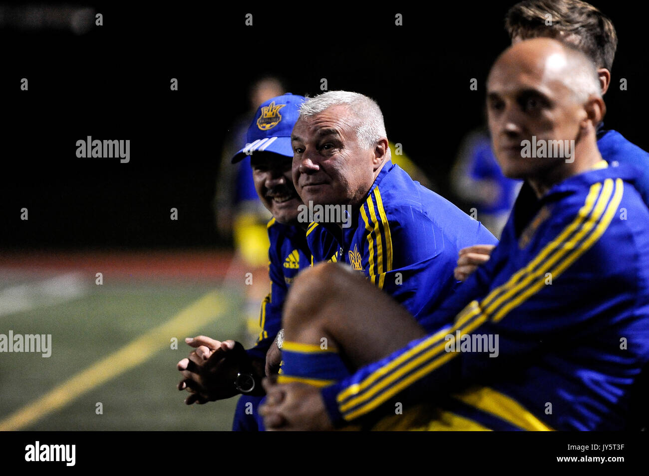 Toronto, Canada. 18 Agosto, 2017. I giocatori durante la partita di calcio tra i veterani ucraino Football Team Nazionale vs il calcio canadese veterani team nazionale a Centennial Park Stadium di Toronto, Canada. Credito: Anatoliy Cherkasov/Alamy Live News Foto Stock