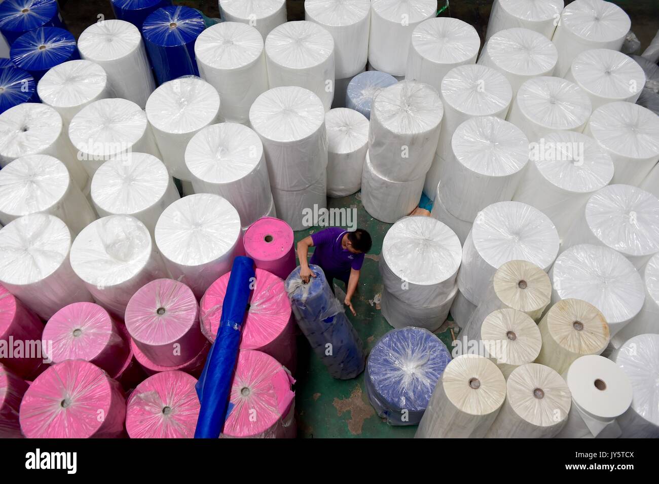 (170819) -- XIAMEN, 19 Agosto, 2017 (Xinhua) -- un membro del personale di Xiamen Nasda Non Tessuti Co. Ltd lavora a Xiamen, a sud-est della Cina di provincia del Fujian, Agosto 17, 2017. La società ha sviluppato il suono e la rapida in Sud Africa dal 2012. Xiamen il valore del commercio estero con quattro paesi BRICS del Brasile, Russia, India e Sud Africa ha raggiunto 33.002 miliardi di yuan (4,95 miliardi di dollari) nel 2016. In termini di esportazioni, Xiamen tradizionali di prodotti di esportazione sono indumenti, scarpe, schermi LCD, luce attrezzature, attrezzature sportive, ecc. I suoi prodotti di importazione sono i minerali di ferro, materiali lapidei, cibo, segato Foto Stock