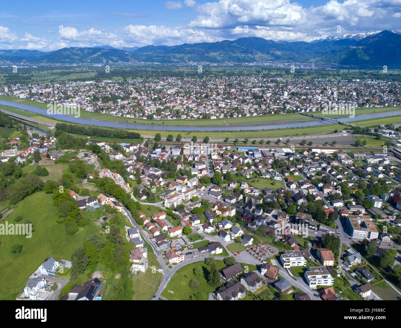 Luftaufnahme der Gemeinden Au und Lustenau.Caption locale.Au, Austria, Lustenau, Svizzera, Vista Aerea, la fotografia aerea, dal di sopra, aeri Foto Stock
