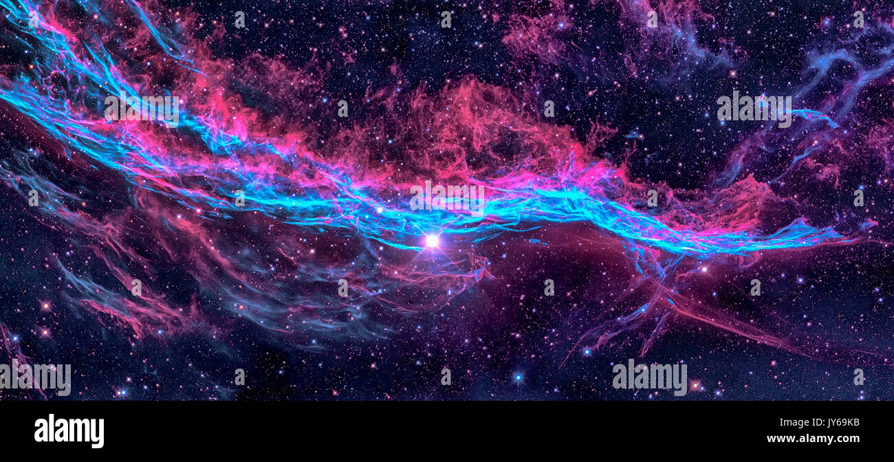 Il velo nebulosa o la strega scopa della nebulosa è una nuvola di riscaldato e gas ionizzato e polvere nella costellazione del Cigno. Ritoccato immagine colorata. Elemen Foto Stock