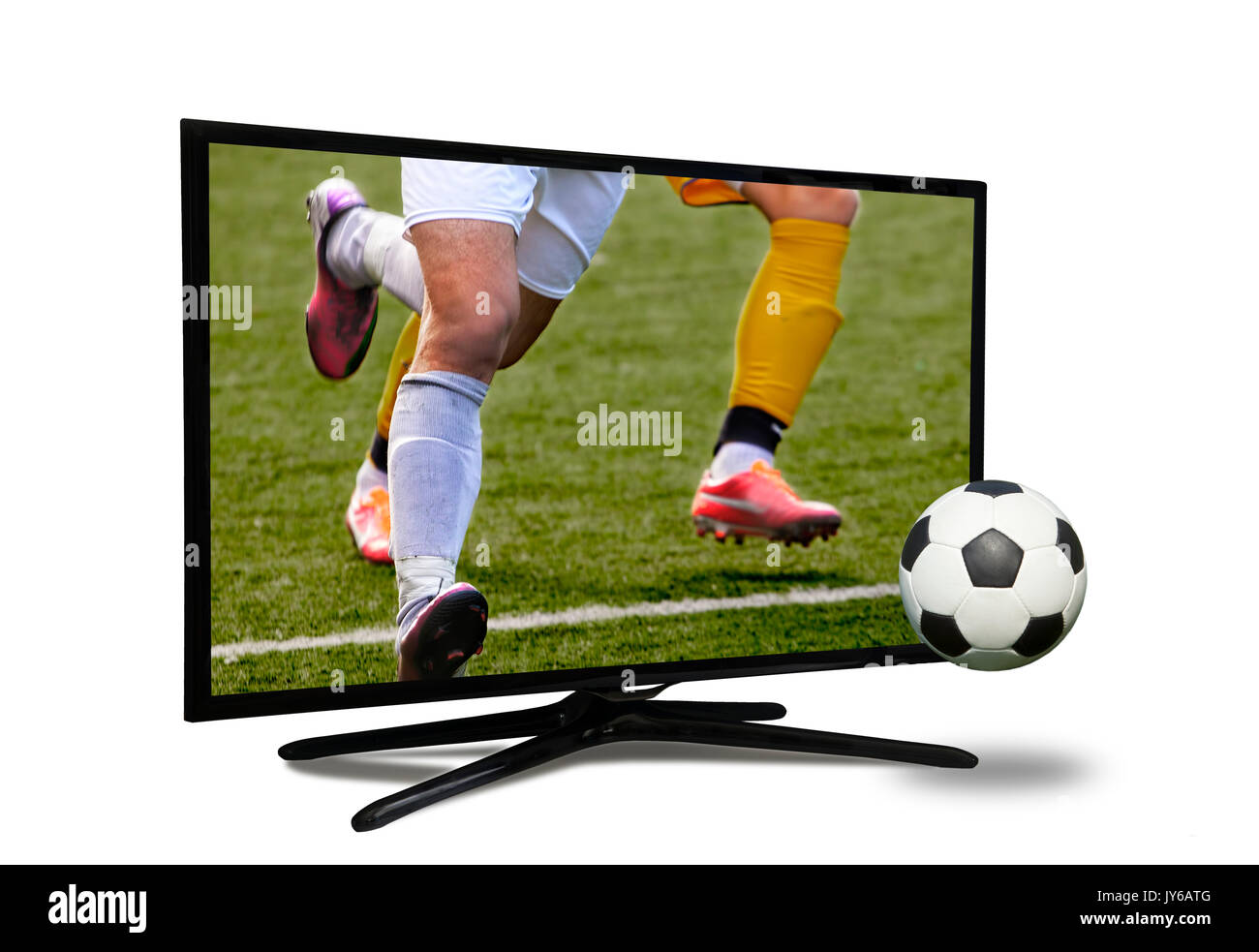 La visione di smart tv traduzione del gioco di calcio. Foto Stock