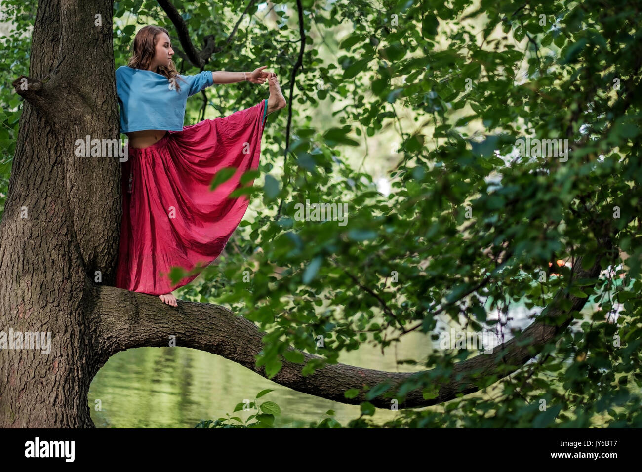 Caucasian woman standing in equilibrio yoga Utthita Hasta Padangusthasana pongono. Ella tenere trank di albero Foto Stock