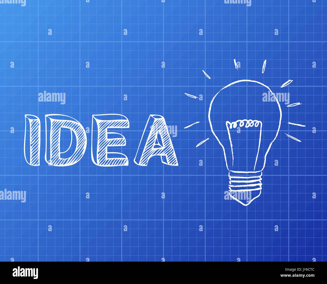 Disegnata a mano idea segno e lampadina su sfondo blueprint Illustrazione Vettoriale