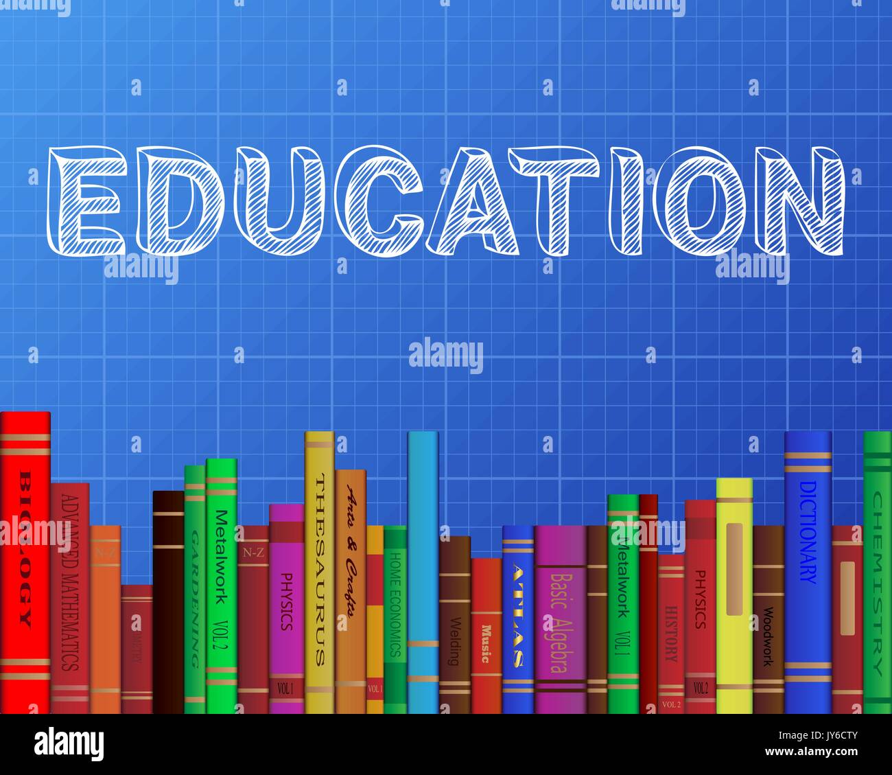 Parola di istruzione su blueprint con sfondo di libri Illustrazione Vettoriale