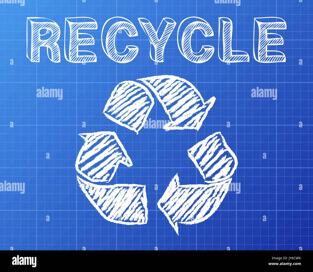Simbolo di riciclaggio e di parola disegnati su sfondo blueprint Illustrazione Vettoriale