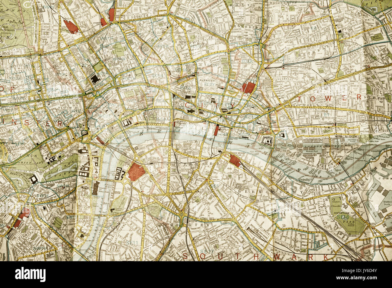 Il centro di Londra in una mappa piegata Foto Stock