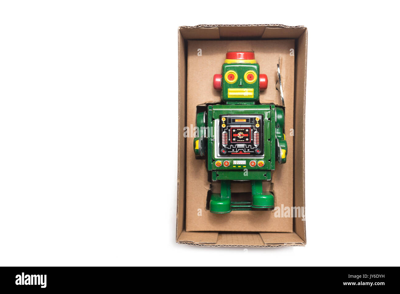 Il Robot nella casella su sfondo bianco Foto Stock