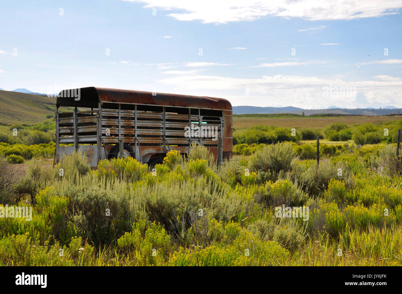 Un vecchio arrugginito rimorchio cavallo si siede su una prateria in Colorado Foto Stock