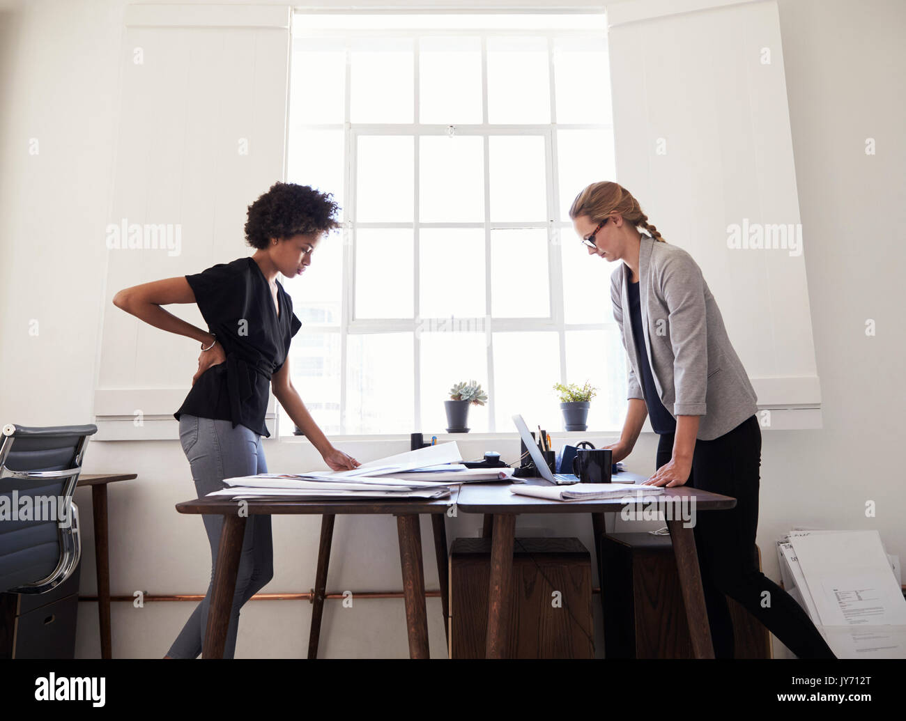 Due donne stand lavorando in corrispondenza di lati opposti di una scrivania in ufficio Foto Stock