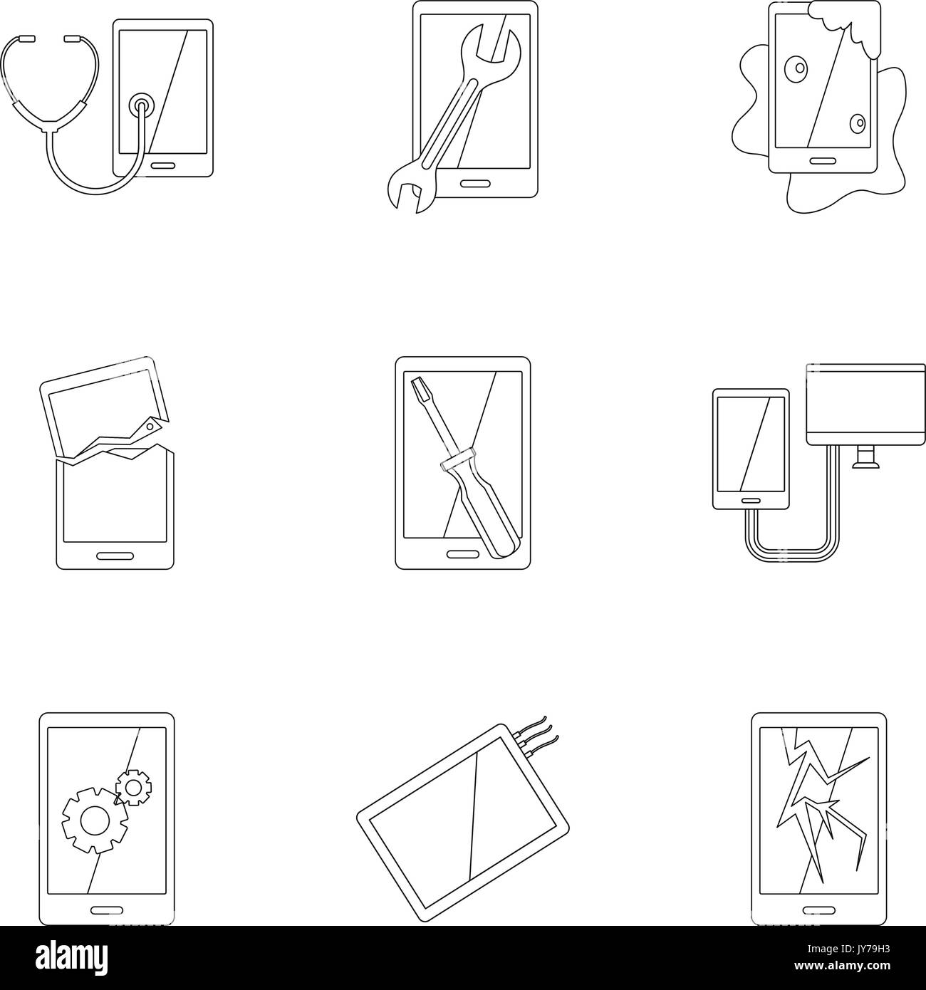 Telefoni rotti fissare il set di icone di stile di contorno Illustrazione Vettoriale