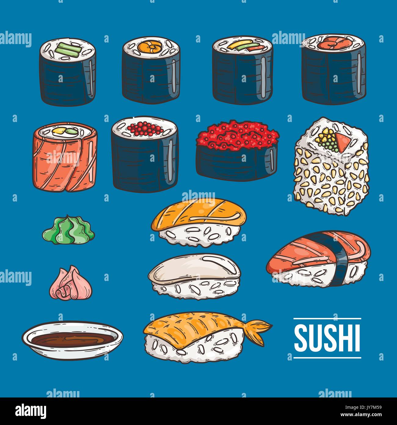 Doodle sushi giapponese e cilindri di raccolta. Tradizionale a base di pesce fresco. Asia cucina deliziosa. Riso con salmone, anguilla, alga. Set di vettore. Illustrazione Vettoriale