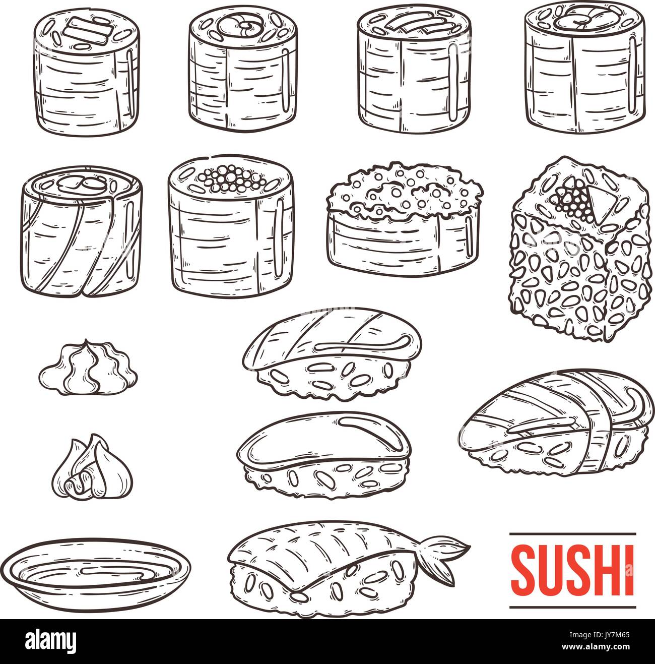 Doodle sushi giapponese e cilindri di raccolta. Tradizionale a base di pesce fresco. Asia cucina deliziosa. Riso con salmone, anguilla, alga. Set di vettore. Illustrazione Vettoriale