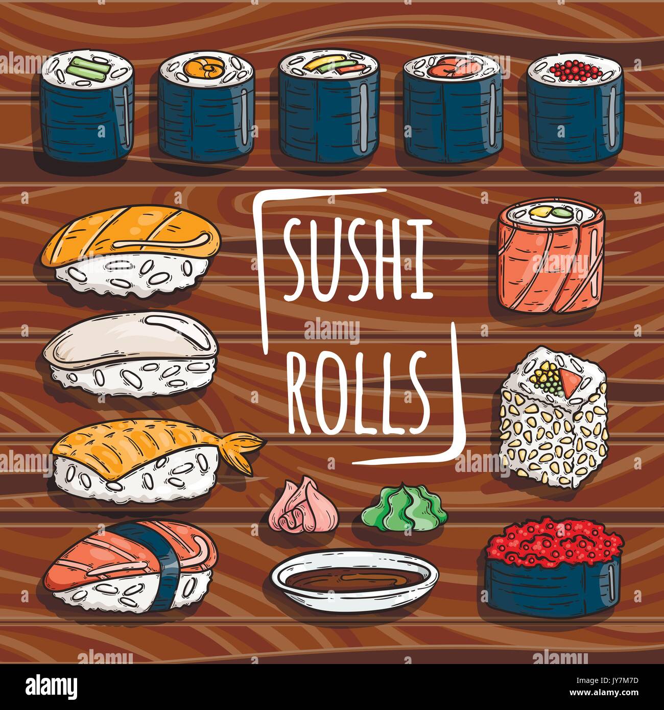 Doodle sushi giapponese e rotoli raccolta su legno. Tradizionale a base di pesce fresco. Asia cucina deliziosa. Riso con salmone, anguilla, alga. Set di vettore. Illustrazione Vettoriale