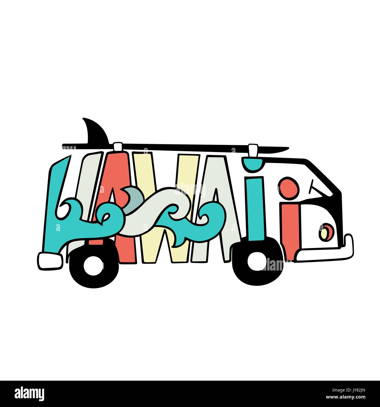 Bianco e nero Hawaii surf stampa. Handdrawn lettering con un minivan. Bus vettore illustrazione. Illustrazione Vettoriale