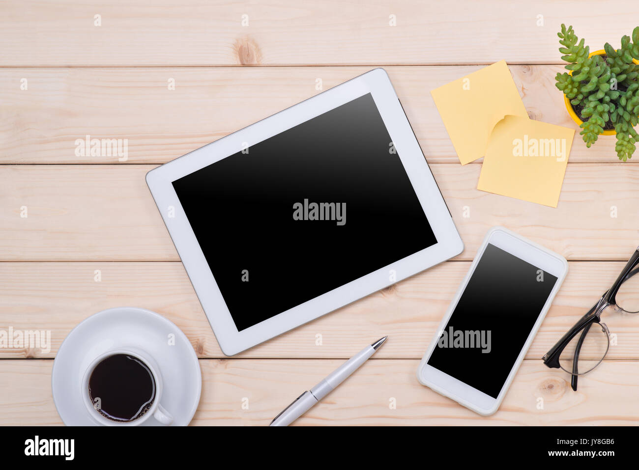 Compressa immagine d'intestazione. Office roba, workplace, vista dall'alto Foto Stock