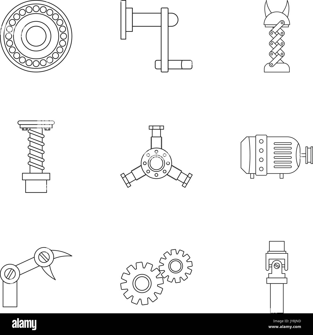 Meccanismo di set di icone di stile di contorno Illustrazione Vettoriale