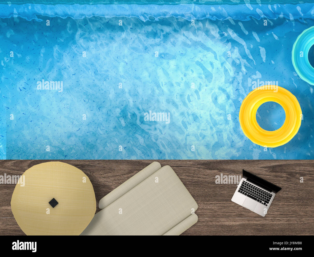 3D rendering piscina vista superiore con dormeuse, laptop e anelli di nuoto Foto Stock