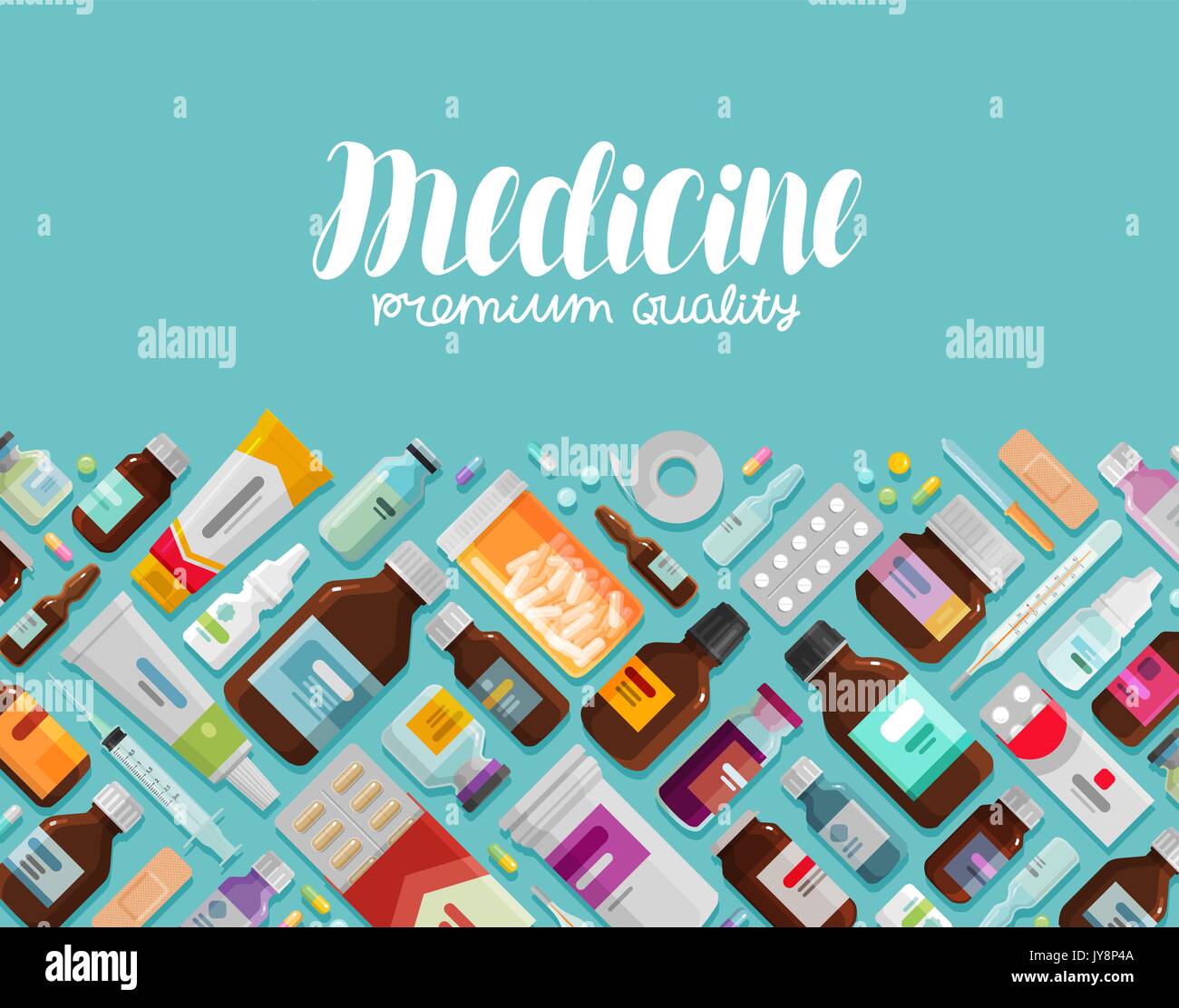 Medicina e Farmacia, farmacologia banner. Farmaco, il farmaco, bottiglie e pillole icone. Illustrazione Vettoriale Illustrazione Vettoriale