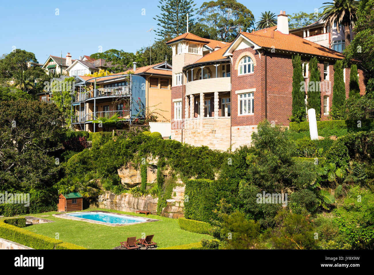 Lussuose case fronte mare con piscina a Mosman bay, Cremorne point, Sydney, Australia. Foto Stock