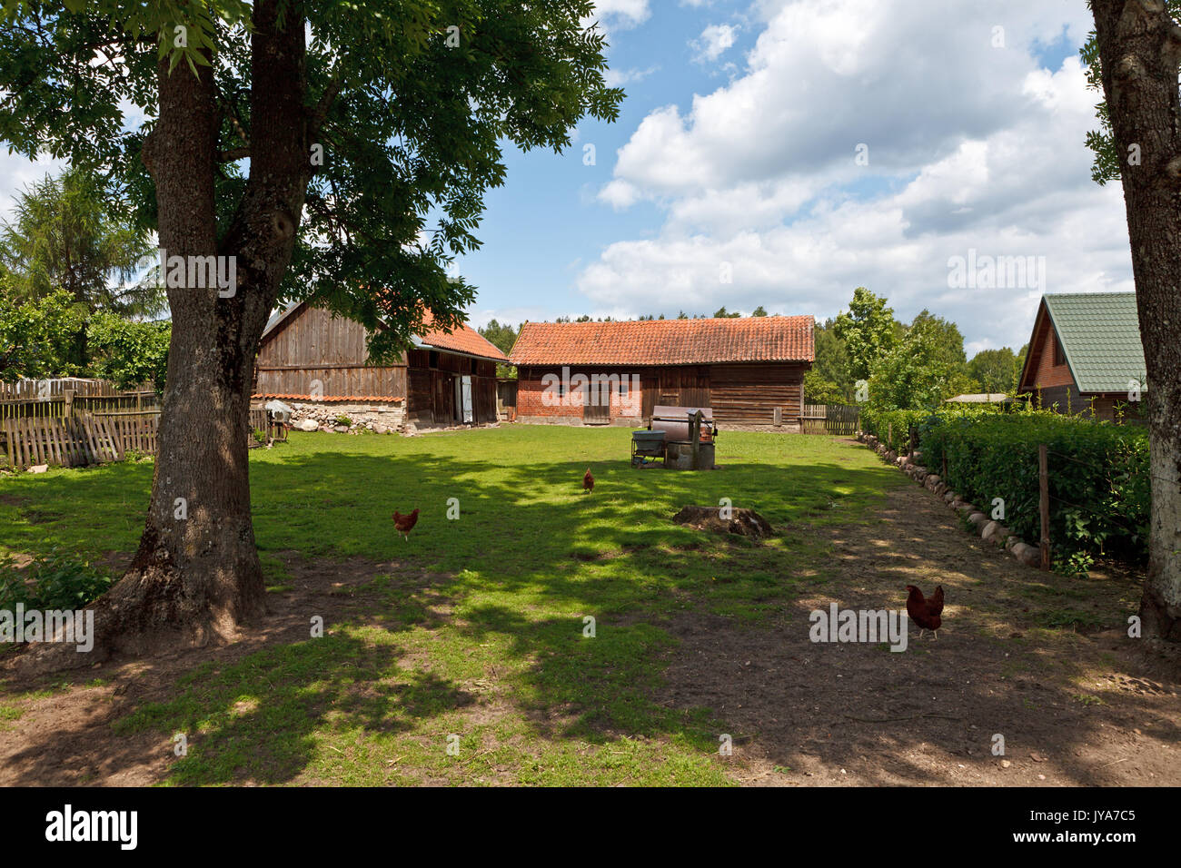 Idilliaco countrysie azienda sotto blu cielo nuvoloso Foto Stock