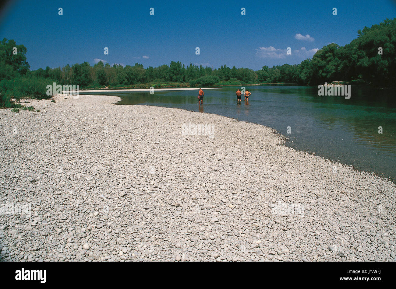 Barre di ghiaia sul fiume Drava, Croazia Foto Stock