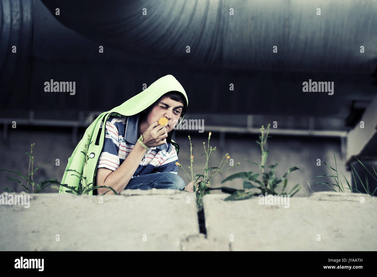 Crazy giovane con un fiore Foto Stock