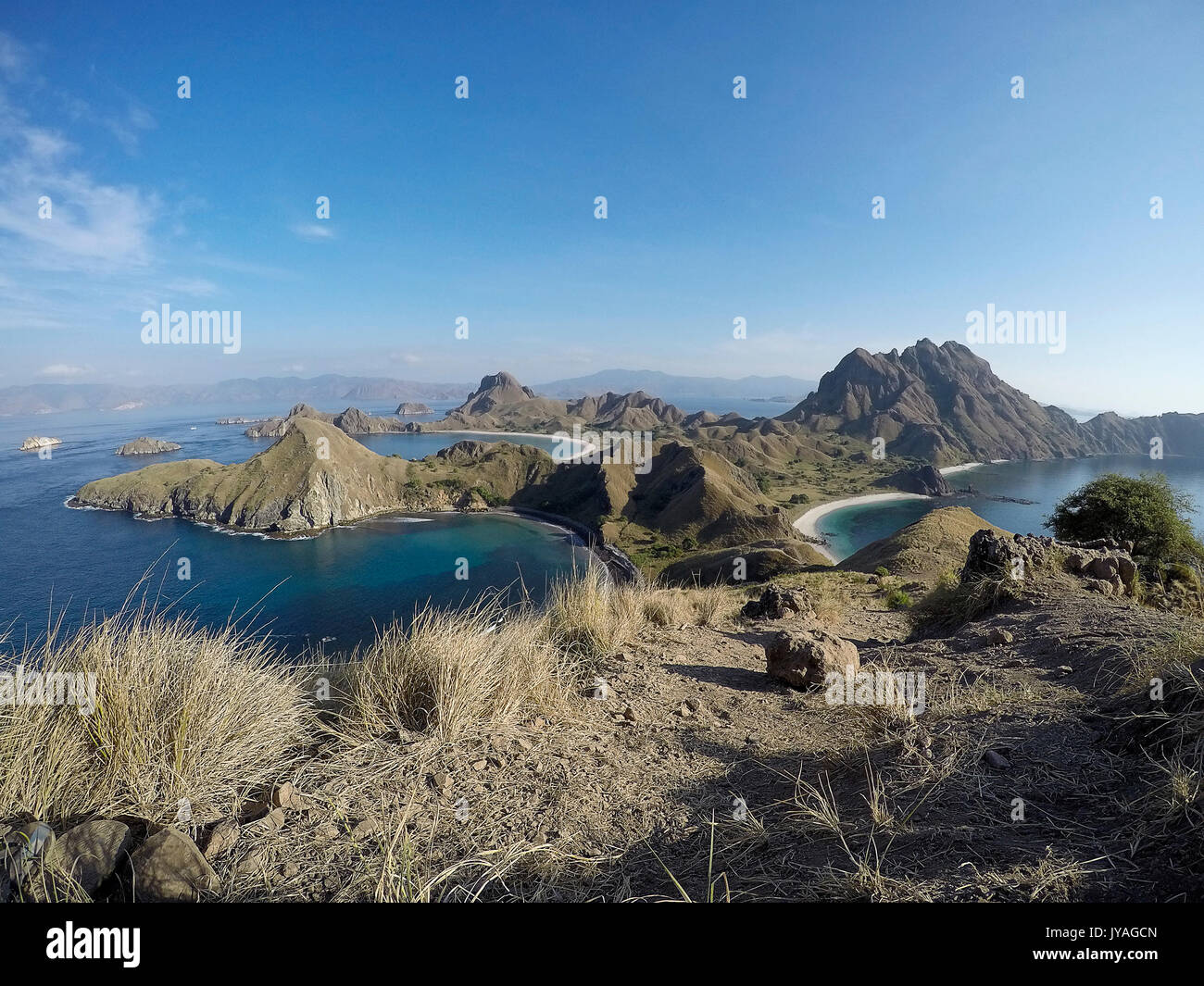 Isola di Padar con scenic alta vista di tre splendide spiagge di sabbia bianca circondata da un vasto oceano e parte del parco nazionale di Komodo in Flores, Indon Foto Stock