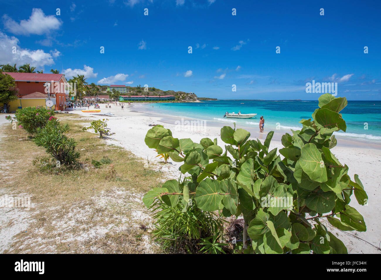 La sabbia bianca e turisti il telaio il turchese del mare dei Caraibi a Long Bay Beach Antigua e Barbuda Leeward Islands West Indies Foto Stock