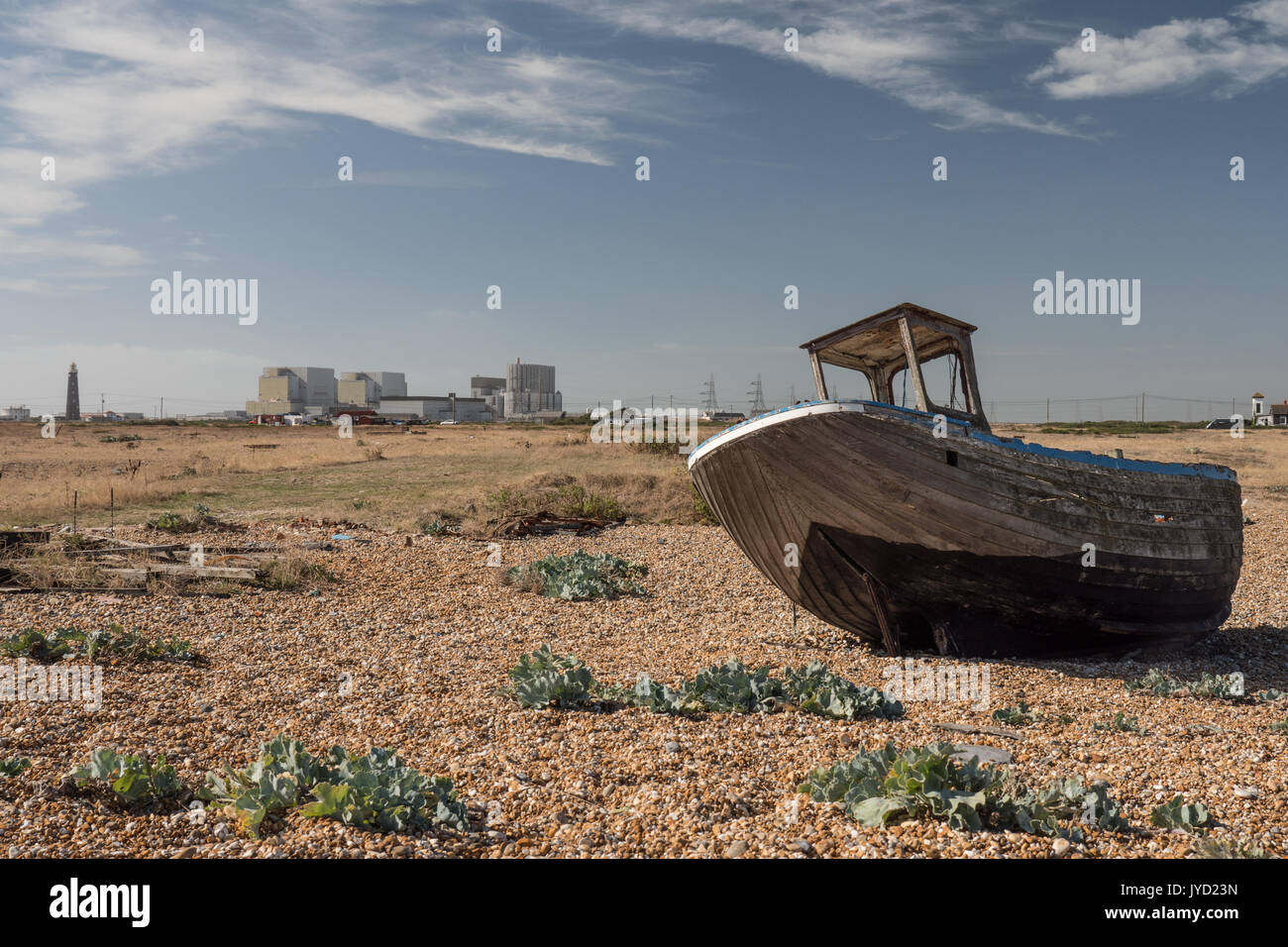 Dungeness Spiaggia e stazione di potenza, Romney Marsh, Kent, Inghilterra, Regno Unito. Foto Stock