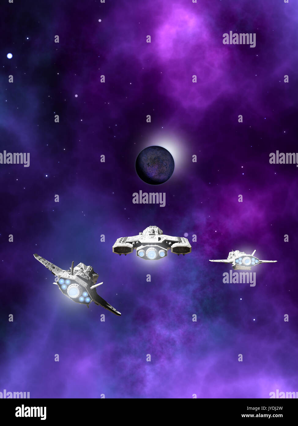 Flotta di astronavi avvicinando una nebulosa planetaria Foto Stock