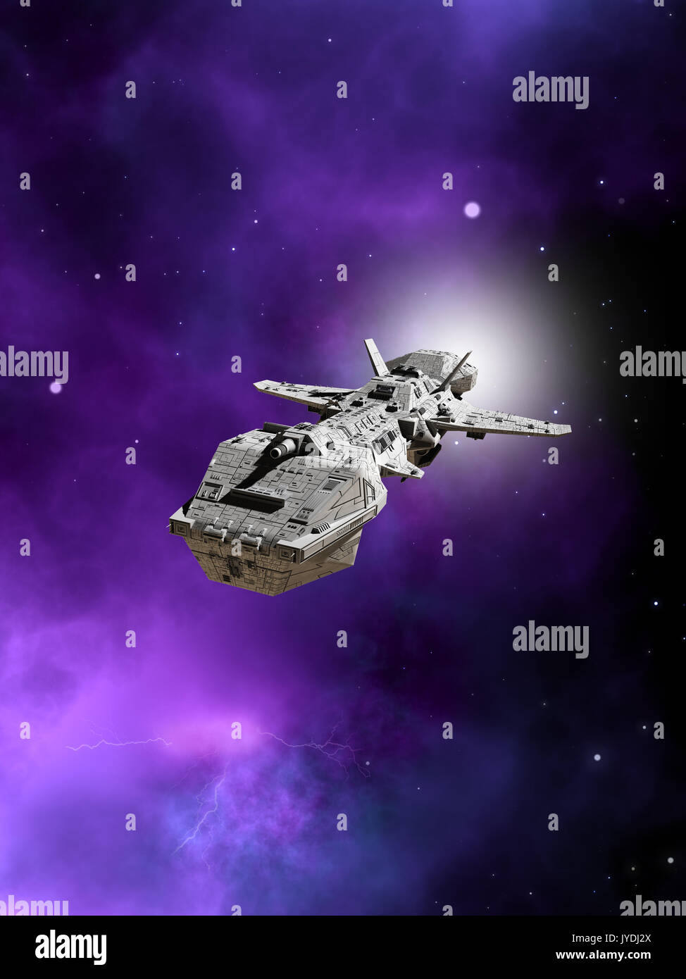 Astronave interplanetaria volare lontano da una nebulosa Foto Stock