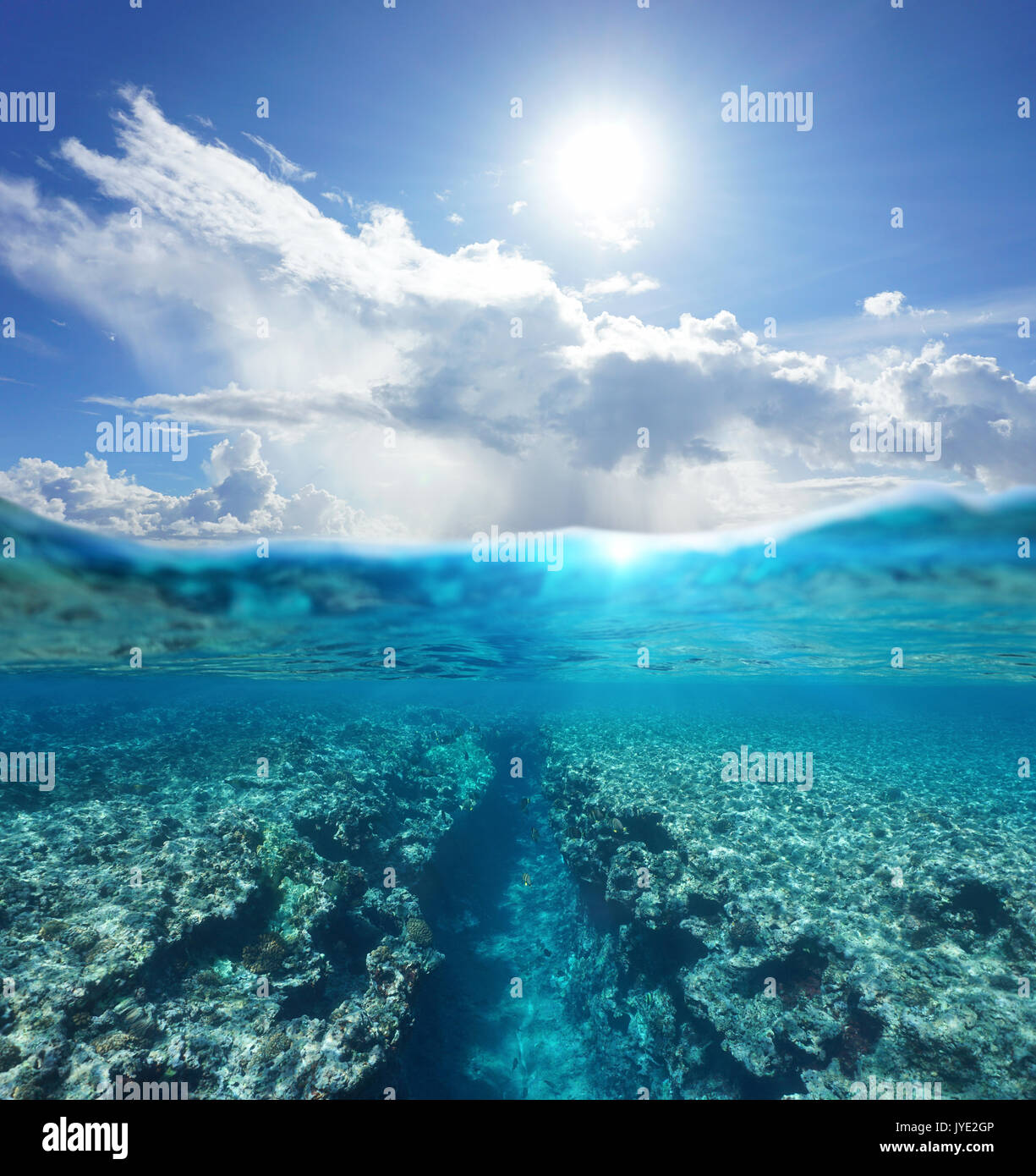 Al di sopra e al di sotto della superficie dell'acqua seascape, luce solare con nuvoloso cielo blu e diviso dalla linea di galleggiamento una trincea naturale nella barriera corallina subacquea, oceano pacifico Foto Stock