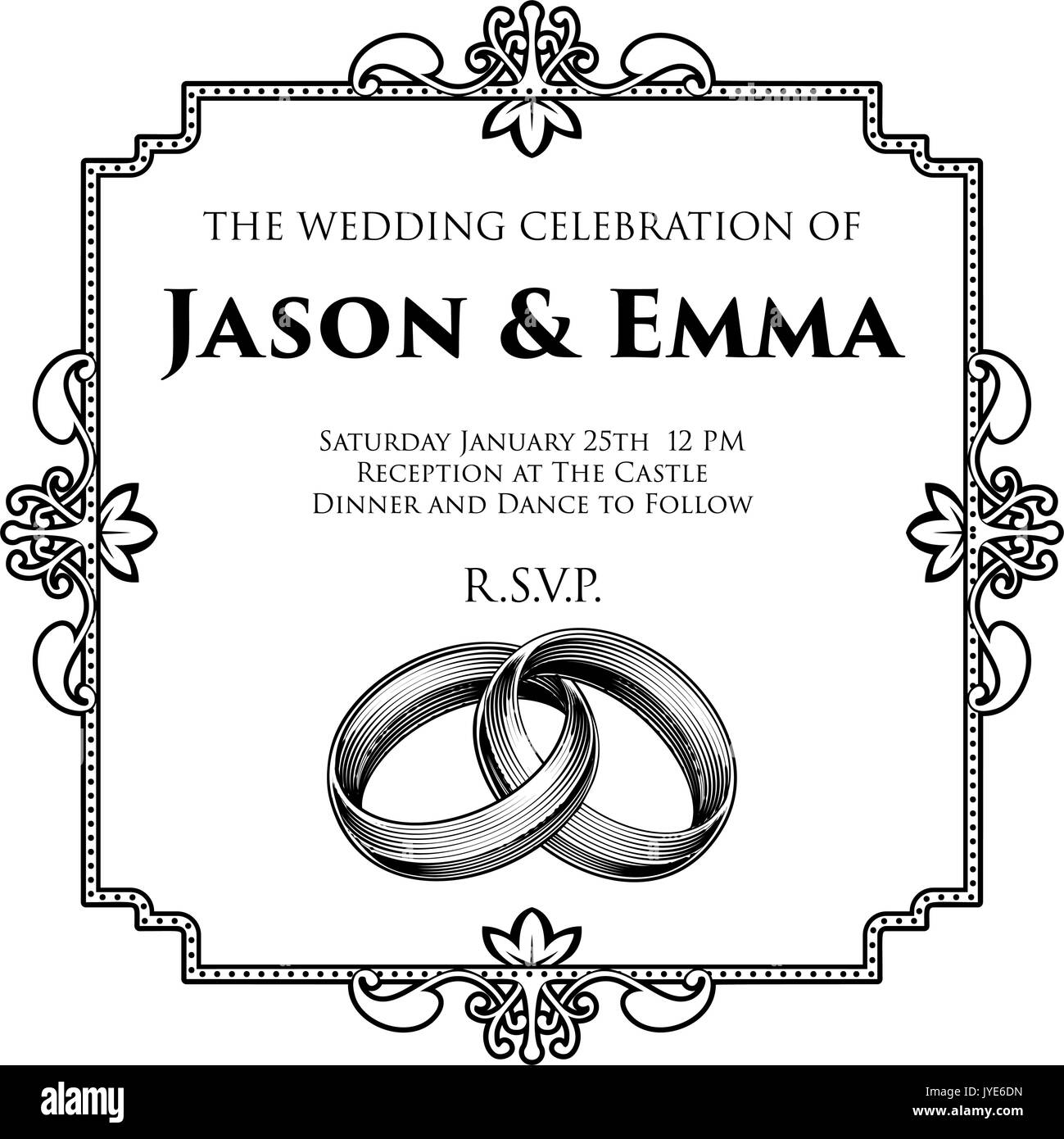 Gli anelli di nozze nozze bande modello di invito Illustrazione Vettoriale