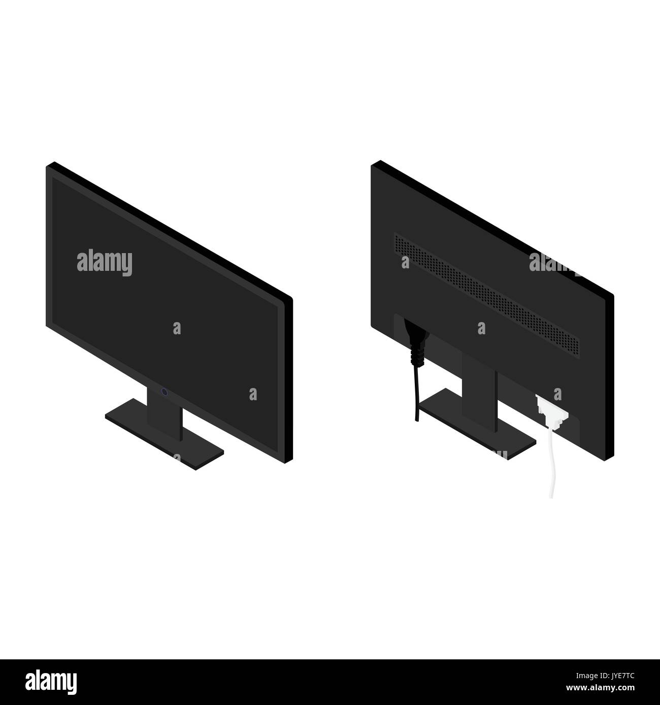 Illustrazione vettoriale 3D isometrica prospettive nuovo vuoto moderni monitor nero indietro e vista frontale isolato su sfondo bianco. tv lcd monitor. Monitor Illustrazione Vettoriale