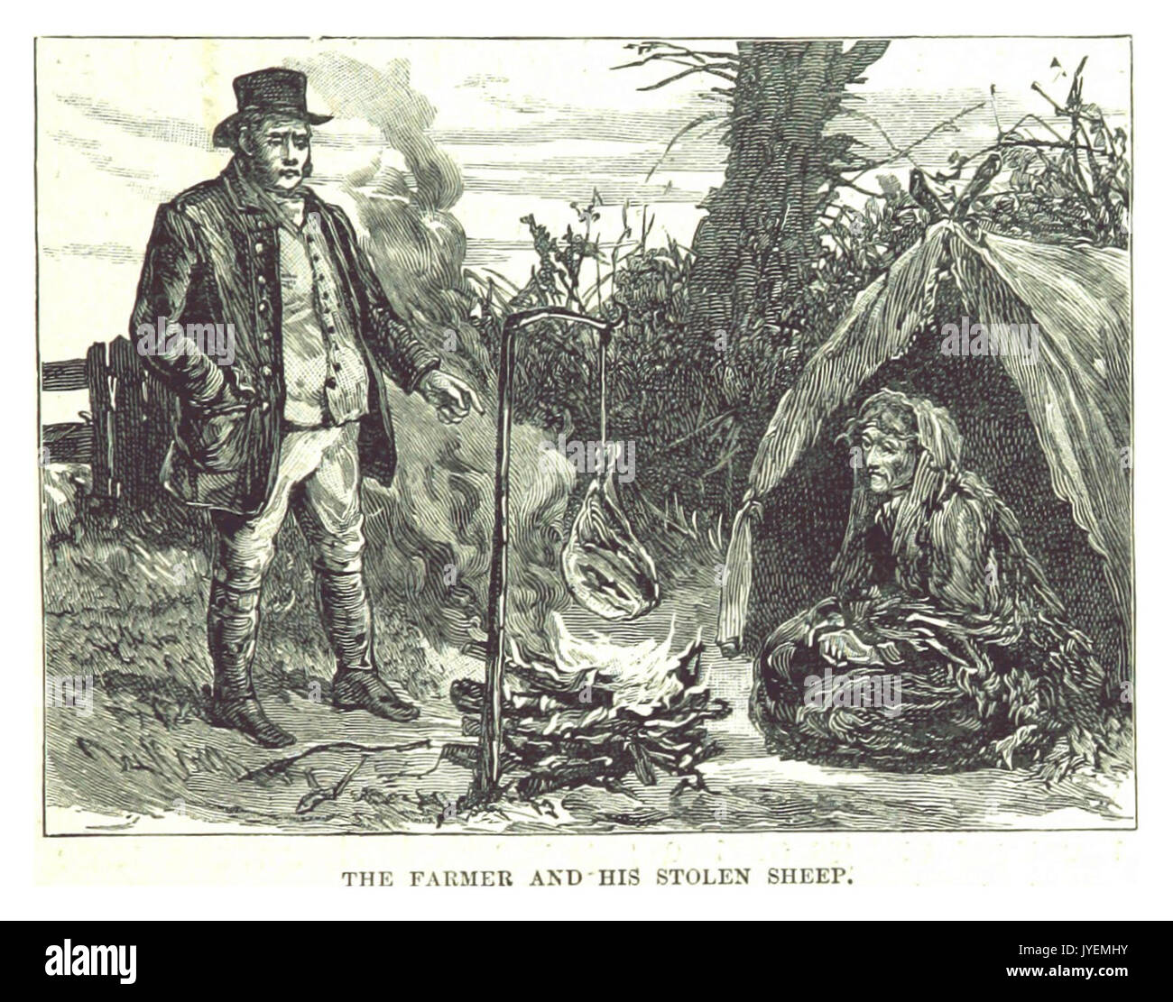 Questa illustrazione del 1885 tratta da MORWOOD raffigura un agricoltore che affronta il furto delle sue pecore, mettendo in evidenza la vita rurale e il tema della protezione del bestiame nell'agricoltura del XIX secolo. La scena si concentra sulla reazione del contadino e sull'assenza delle pecore rubate. Foto Stock