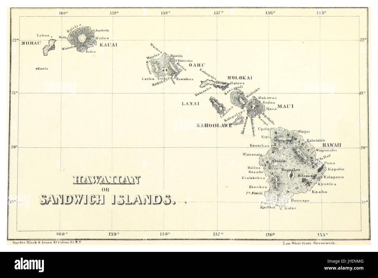 PERKINS(1854) p104 Mappa del Hawaiian o isole Sandwich australi Foto Stock