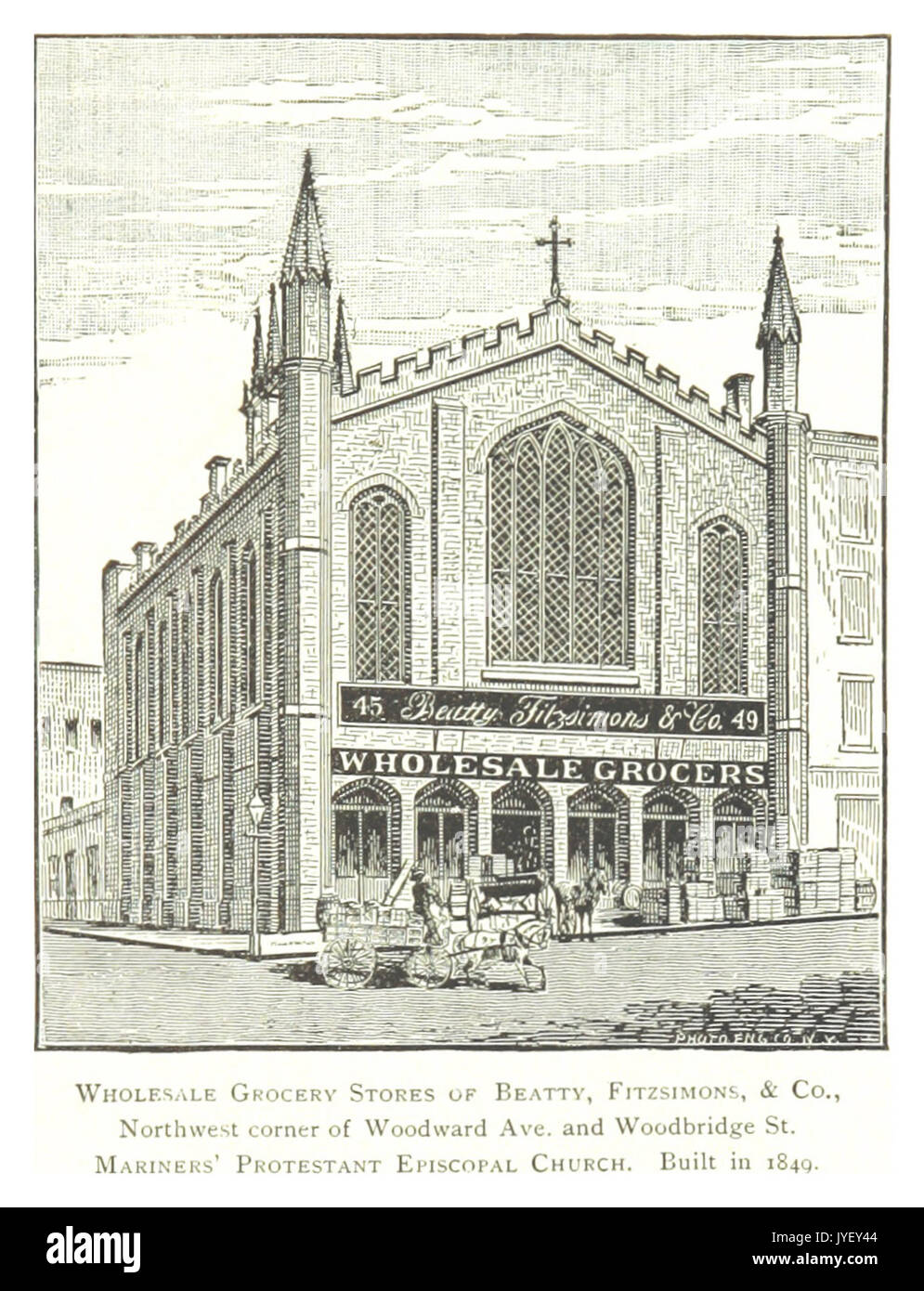 Imprenditore(1884) Detroit, p821 COMMERCIO ALL'INGROSSO DEI NEGOZI DI GENERI ALIMENTARI DI BEATTY, Fitzsimons, & CO., angolo nordoccidentale di WOODWARD AVE. E WOODBRIDGE ST. MARINERS' Chiesa Episcopale Protestante. Costruito nel 1849 Foto Stock