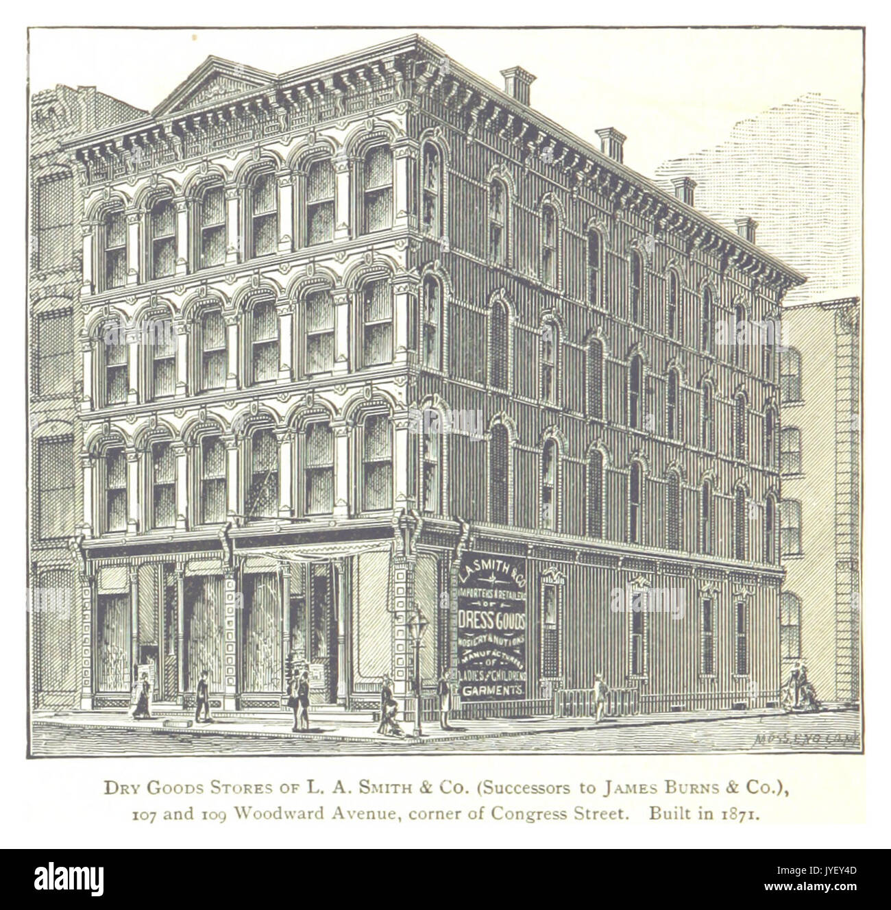 Imprenditore(1884) Detroit, p828 a secco NEGOZI DI MERCI DI L.A. SMITH & CO. (Successori a James Burns & CO.), 107 e 109 Woodward Avenue, angolo di Congress Street. Costruito nel 1871 Foto Stock