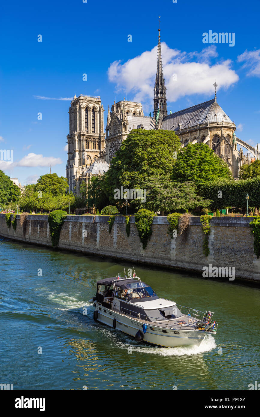 Notre Dame de Paris cathedral e il fiume Senna in estate. Parigi, Francia Foto Stock