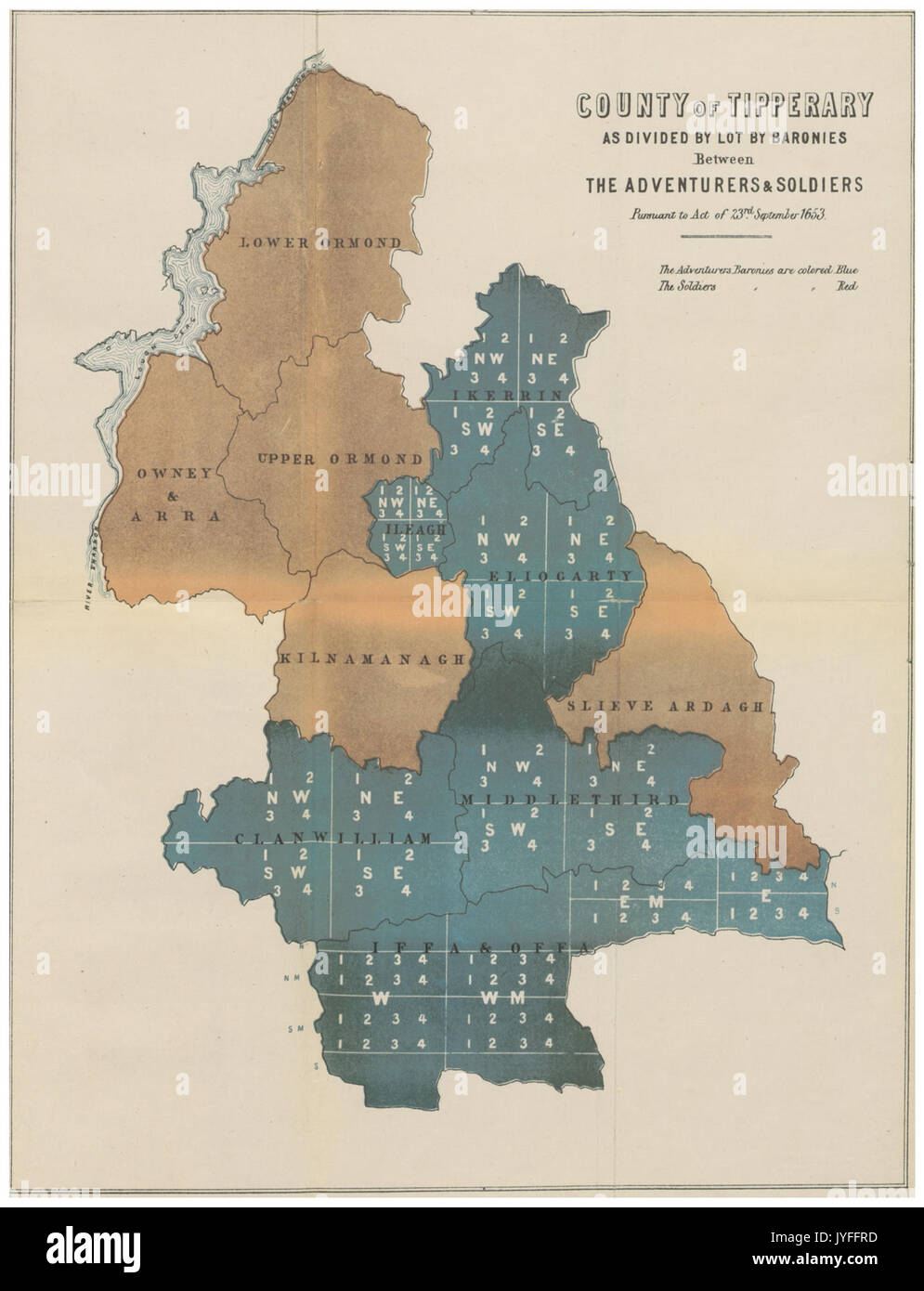 PRENDERGAST(1870) p 451 Mappa di Tipperary, come diviso tra gli avventurieri e soldati Foto Stock