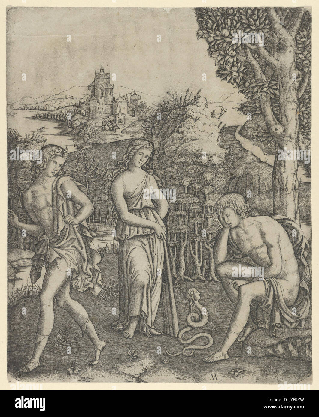 Un giovane uomo seduto a destra in appoggio la sua testa in mano un serpente con una testa di donna prima di lui, una giovane donna tenendo un pan tubi in piedi al centro e un giovane uomo lasciando a sinistra ha incontrato DP854411 Foto Stock