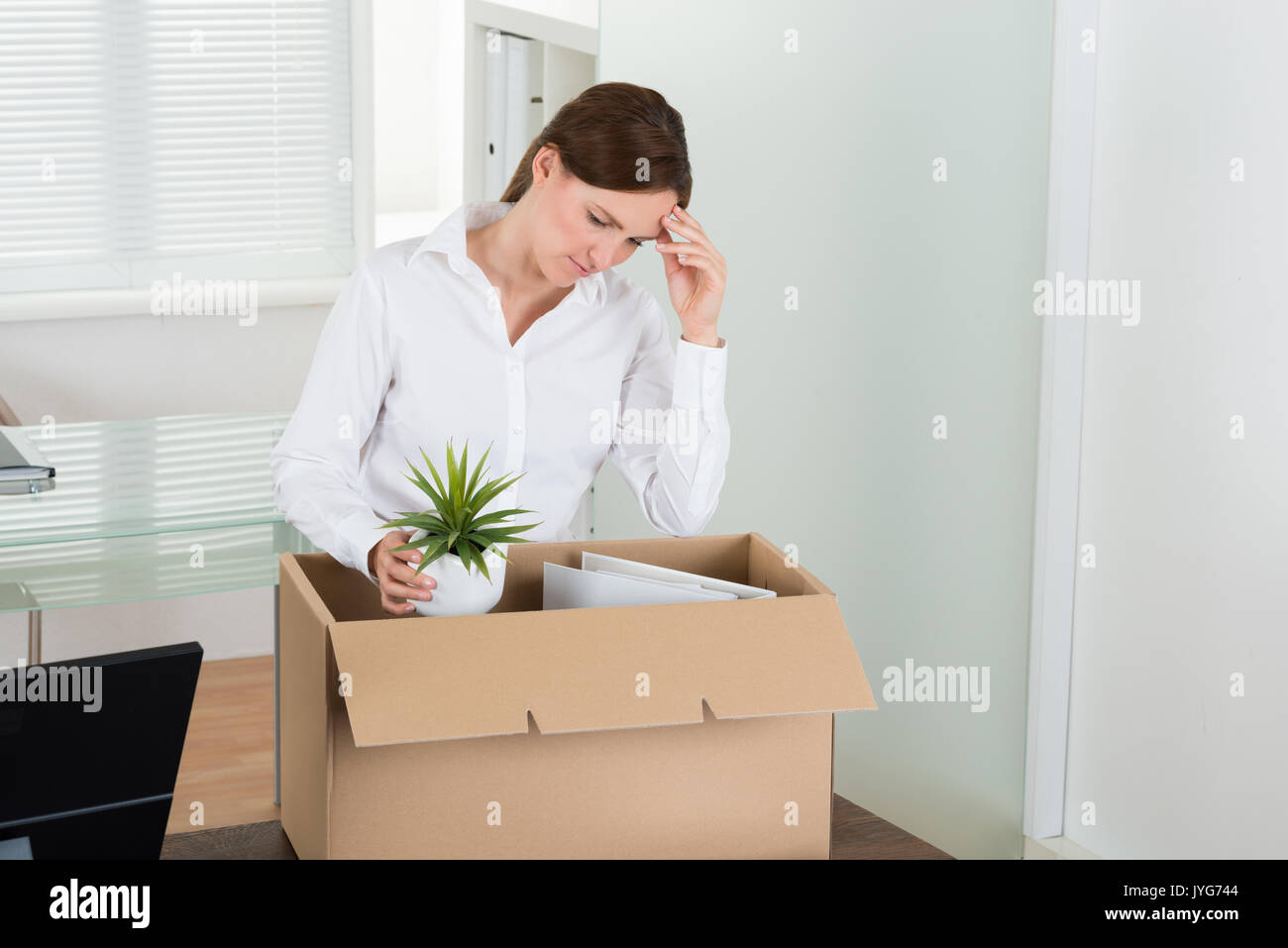 Infelice imprenditrice imballaggio gli effetti personali in una scatola di cartone al banco Foto Stock